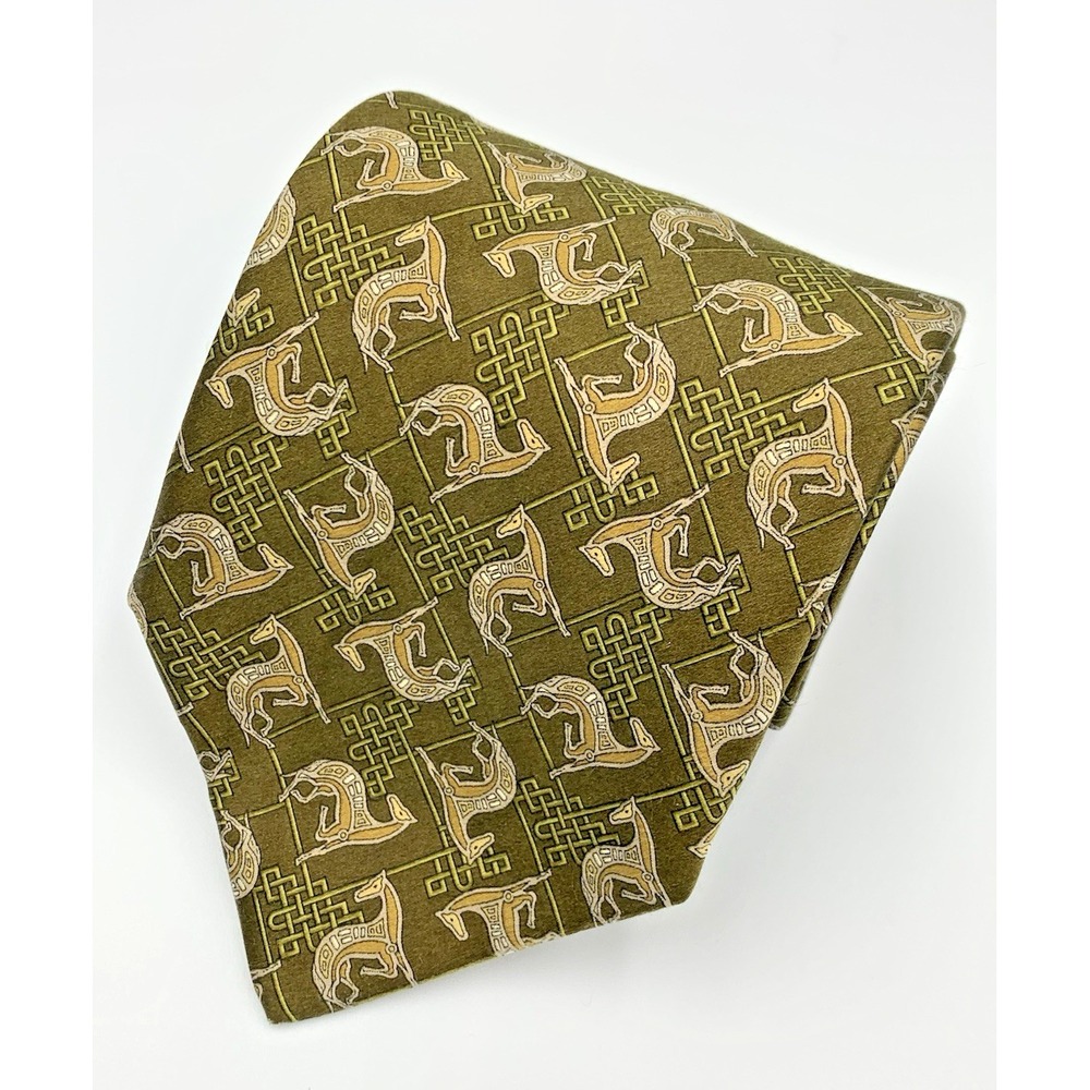 SULKA Men's 100% Silk Necktie Gold Brown Horse Made in France 59" x 3‎ 7/8"